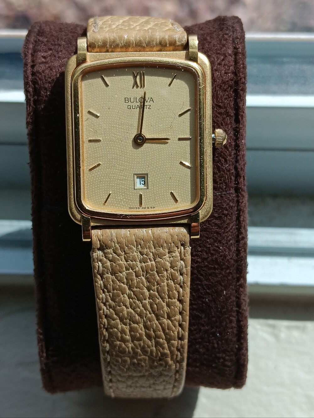 Retro Bulova Quartz Tank Style . Gold-Tone Square Watch with Cream Leather Strap